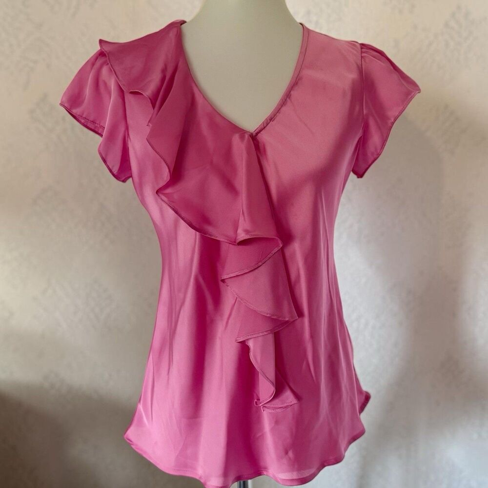 Y2K Pink Satin Ruffle Blouse Flutter Sleeve Romantic Coquette Going Out Top S